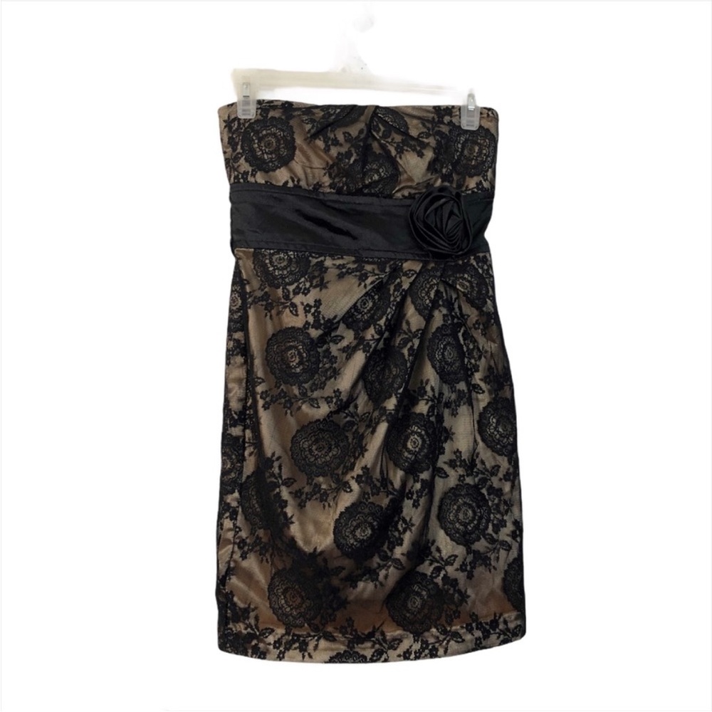 Teeze Me Beige and Black Lace Strapless Dress